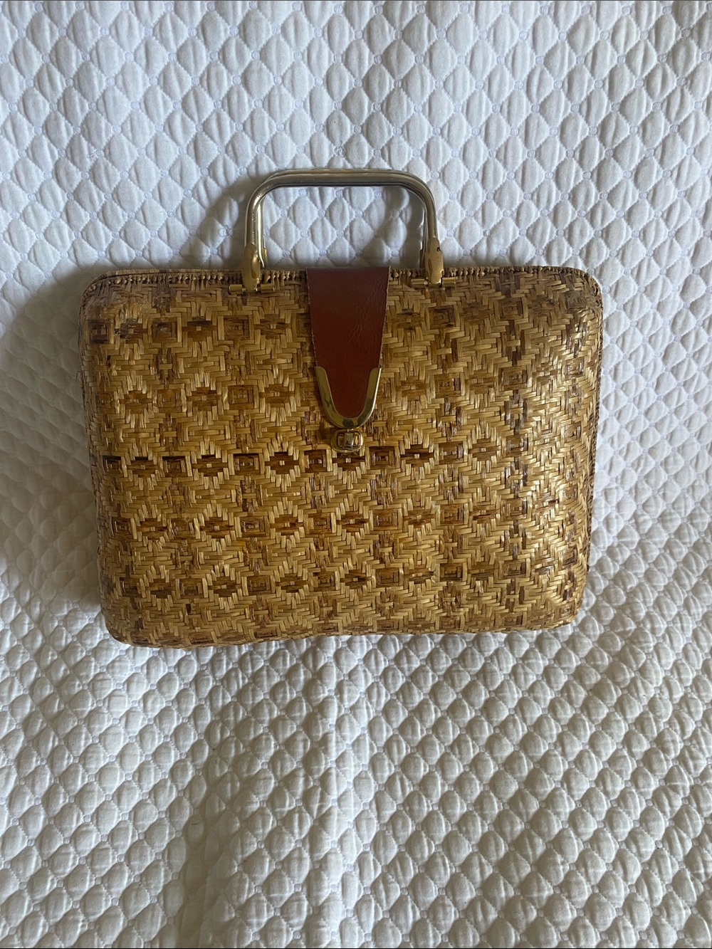 1950s Woven wicker Top-Handle Bag with Leather Accent - Natural